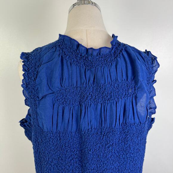 By Anthropologie Mock-Neck Textured Smocked Stretch Dress Blue Mini - Picture 7 of 10